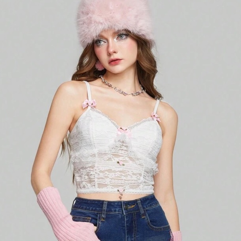 Large Romwe Lace Kawaii Floral Lace Sexy Cami Top Juniors Pink Bows Stretch Soft